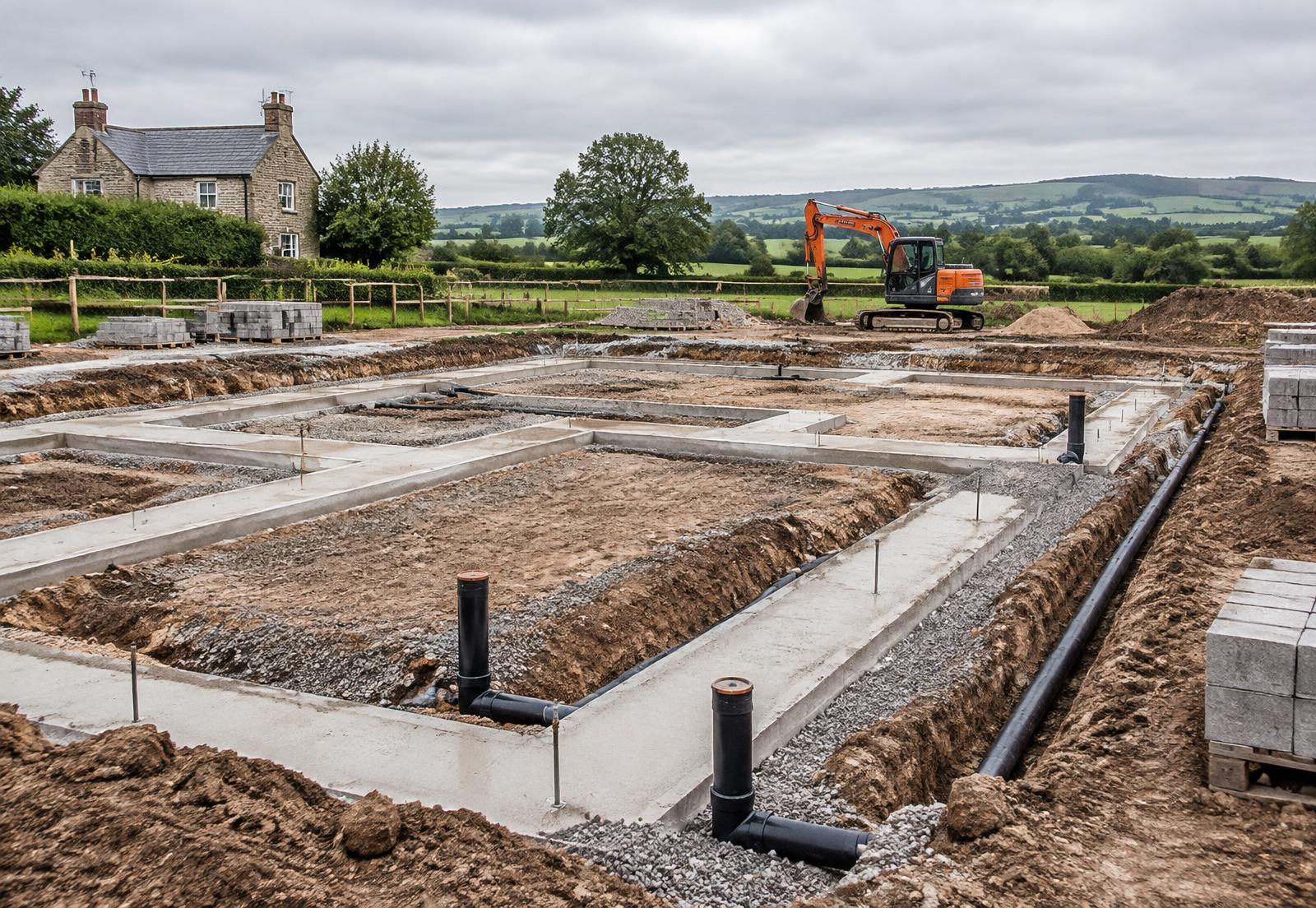 Concrete foundations and drainage groundwork on a building site
