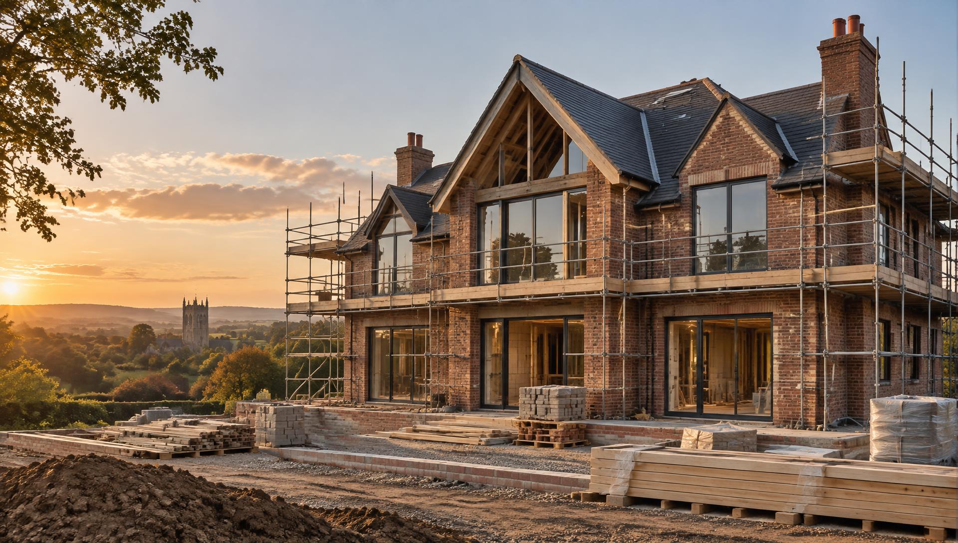 Substantial brick home under construction with scaffolding